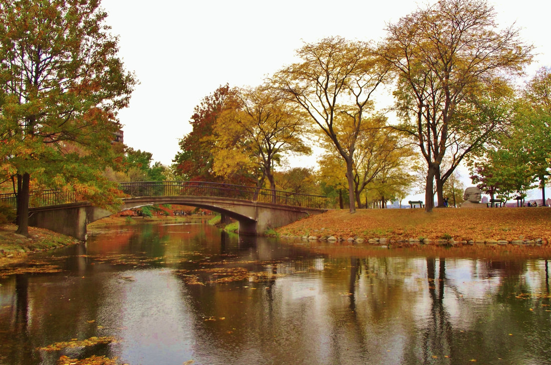 Picture of fall foliage showing fall colors and a footbridge by the stream