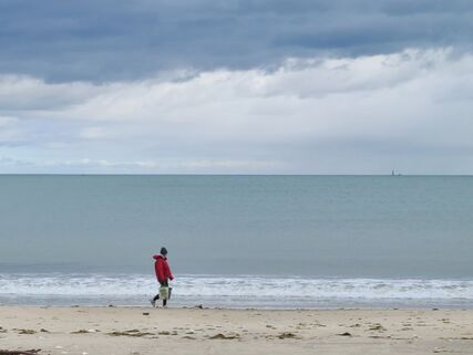 Negative Space photo of man walking on beach