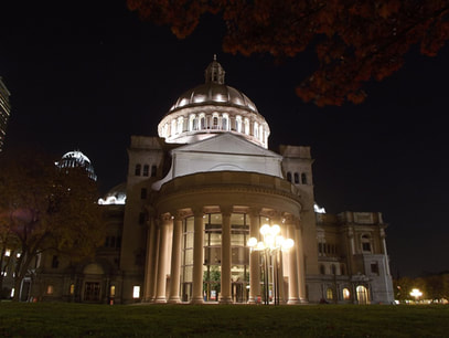 Night photography image of Christian Science Building